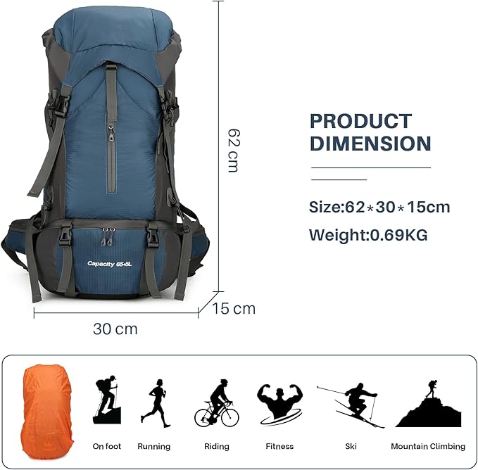 OKYUK 70L Hiking Backpack, Camping Hiking Back Pack, Water Resistant Lightweight Mountain Climbing Bag, Outdoor Camping Sport Daypack with Rain Cover, for Travel, Touring, Cycling (Navy Blue, 70L)