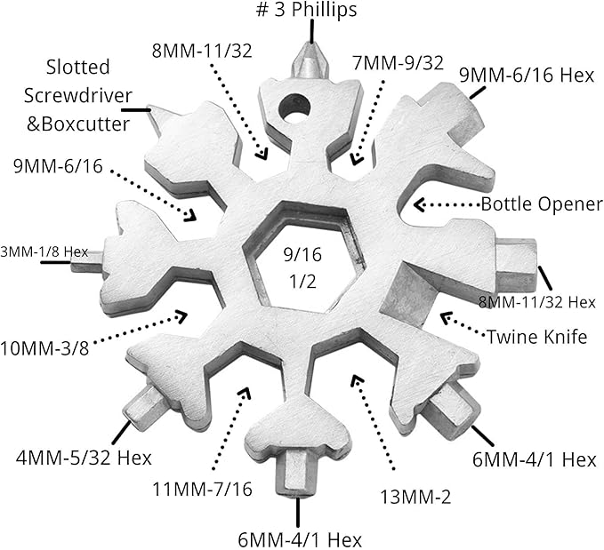 3 Pack 18-in-1 Snowflake Multi Tool, Stainless Steel Snowflake Multi-Tool Bottle Opener/Flat Phillips Screwdriver Kit/Wrench, 18 in 1 Stainless Multitool (Standard, Stainless)