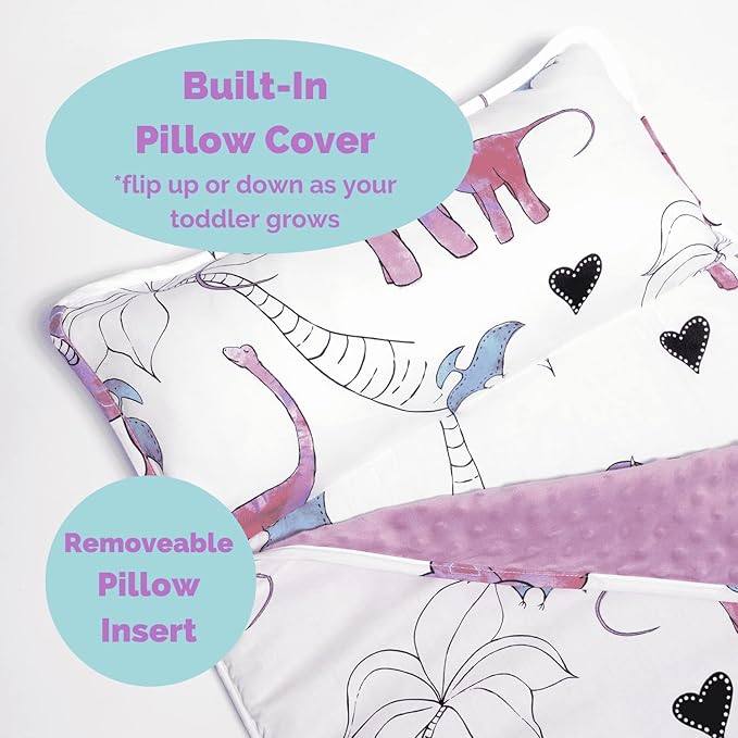JumpOff Jo - Toddler Nap Mat - Sleeping Bag for Kids with Removable Pillow and Ultra Soft Blanket for Preschool, Daycare, and Sleepovers - Pink Dino