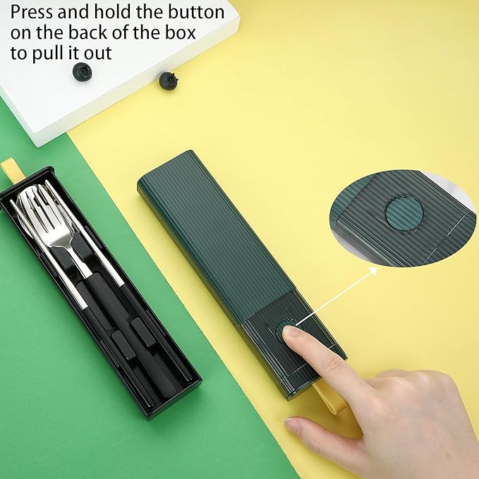 DEVICO Travel Utensils with Case, Stainless Steel Reusable Camping Silverware Set for Lunch Box, Portable Cutlery Kit Includes Fork, Spoon, Chopsticks (Dark Green)