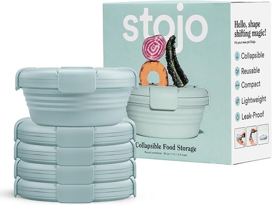 STOJO Collapsible Bowl 5 Set - Aquamarine, 36oz - Reusable Silicone Bowl for Hot and Cold Food - Perfect for Travel, Meal Prep, To-Go Lunch, Camping & Hiking - Microwave & Dishwasher Safe
