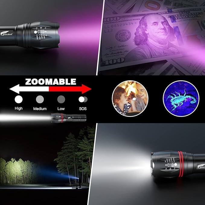 HAUSBELL 365 nm UV Flashlight Black Light Flash Light, Zoomable Blacklight Flashlights with Five Modes for Dog Cat Urine Detection and Emergencies, UV 2 Pack