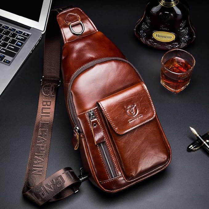 KPYWZER Leather Sling Bag Hiking Daypack for Men Women Outdoor Travel Camping Fishing Crossbody Shoulder Chest Pack Backpack Daypack Brown