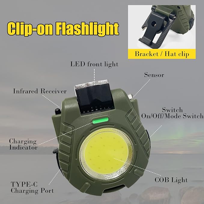 Sutekus Mini COB 500 Lumens Flashlight Auto Sensor LED Light USB Rechargeable 5 Modes Bright Pocket Clip-on Flashlight with Magnet Base Folding Bracket and Bottle Opener for Camping Hiking (Green)
