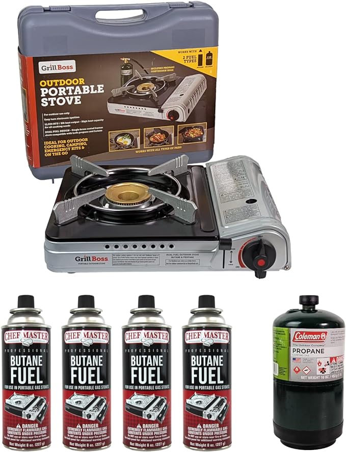 Dual Fuel Portable Stove, Butane & Propane Portable Camping Stove, 12K BTU Camp Stove with 4 x 8 oz. Tins Fuel, Dual Fuel Butane and Propane Stove for Emergencies & Outdoor Cooking by Grill Boss 90057