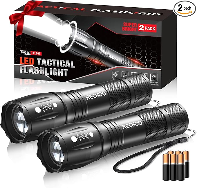 LED Flashlights High Lumens 2 Pack, Powerful Tactical Flashlight With 3 Modes, Pocket Small Flash Light, Waterproof Zoomable Flashlights for Home Emergencies, Camping Essentials (Battery Included)…
