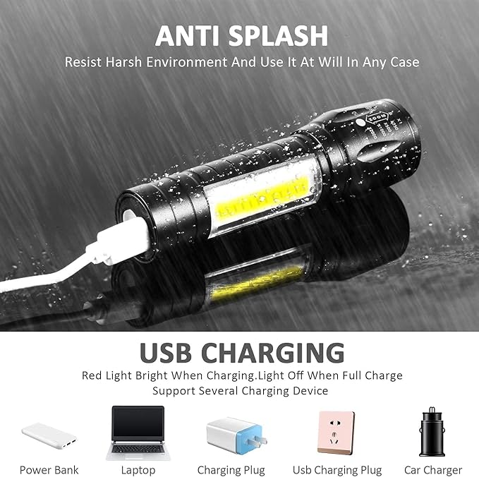 Led Flashlight Rechargeable USB Torch Mini Small Light Super Bright Handheld Tiny Portable Pocket Flash Light with COB Side Searchlight High Lumens Zoomable Emergency Camping Accessories 2 Pack