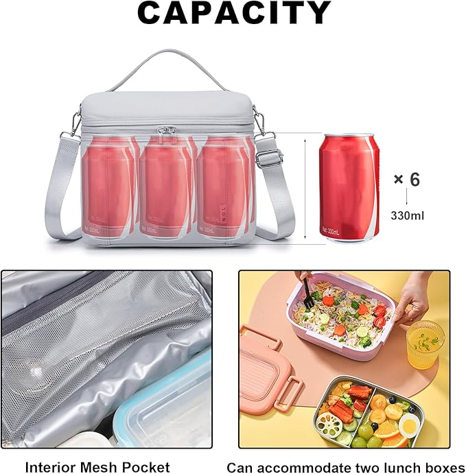 NOL Natural Organic Lifestyle Insulated Lunch Bags for Women Cooler Bag Lightweight Nylon Waterproof Lunch Box For Work (Small,Gray White)