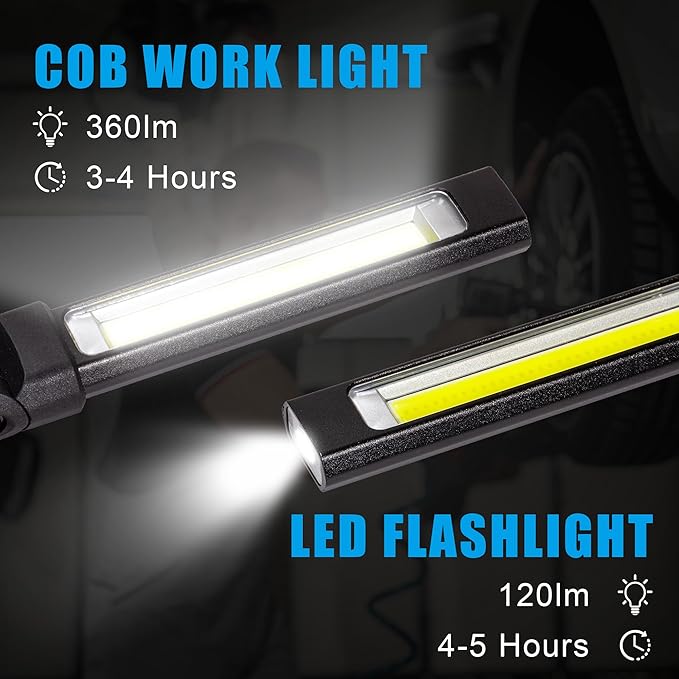 Work Light, Hanging Hook 270°Rotate Magnetic Flashlight,2 Lighting Modes, 2000mAh Cordless Portable Magnetic COB LED Inspection Light for Car Repairing,Workbench,Camping,Emerency.