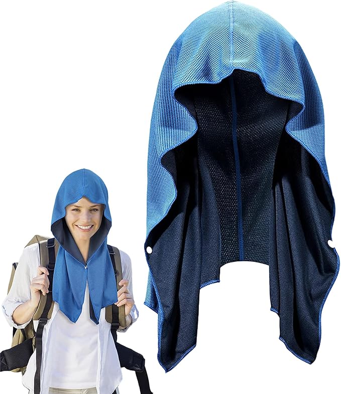 EMVANV Cooling Hoodie Towel,UV Sun Protection Breathable Soft Instant Cool Quick Dry Sweat Towel for Sport Workout Camping Cycling for Hot Weather(Light Blue)