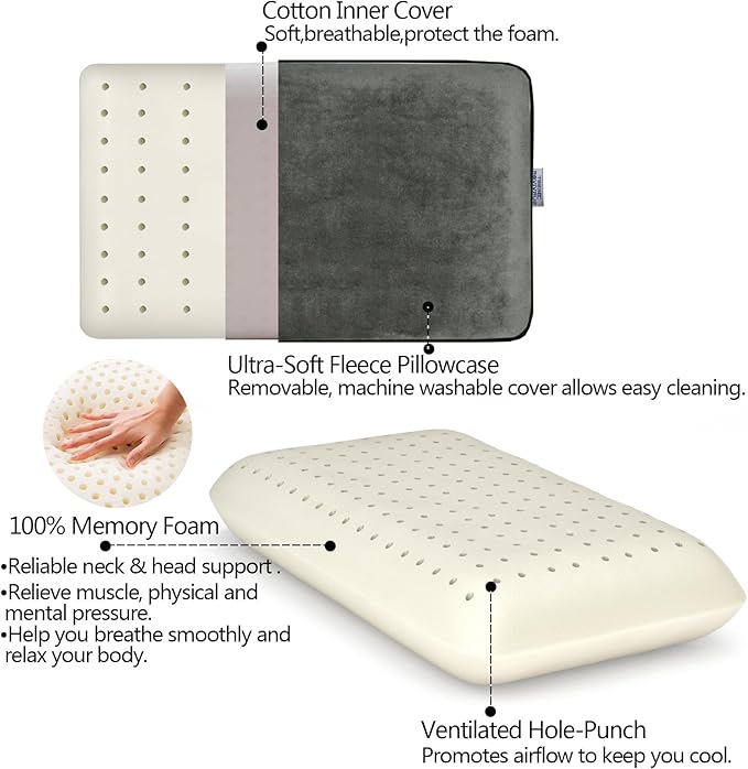 Travel and Camping Pillow -Compressible Memory Foam Pillow for RV, Backpacking, Airplane, Great Neck and Lumbar Support -with Breathable Soft Pillowcase