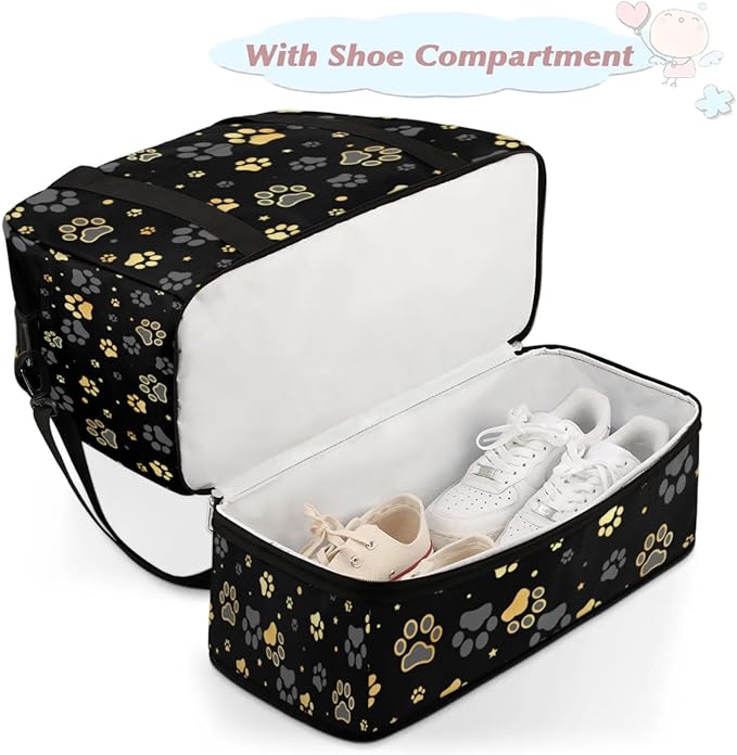 Dog Paw Print Foldable Travel Duffel Bag, Expandable Sports Gym Bag with Shoes Compartment Weekender Overnight Totes Bags for Women Men