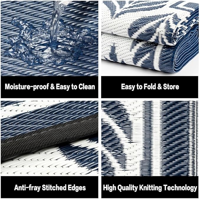 Outdoor Plastic Straw Rug, Waterproof Mat, Washable Large Floor Mat and Rug for Outdoors, RV, Beach, Patio, Camping, Backyard, Deck, Picnic,Indoor Outside (8x10ft,Olive-Leaf/Dark Blue&White)
