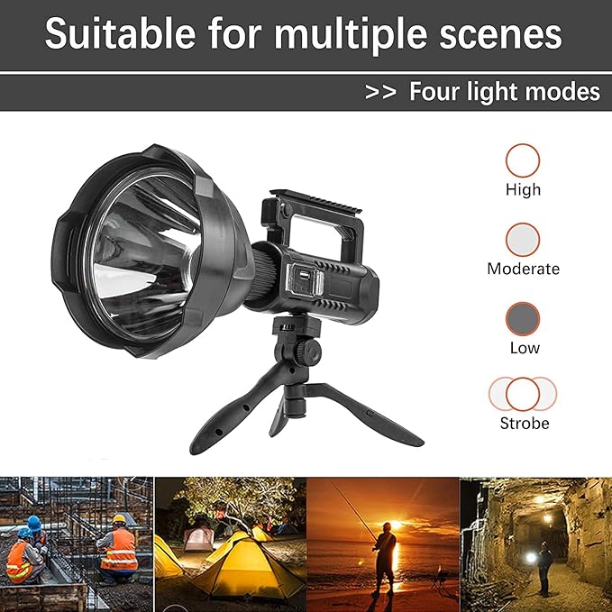 Rechargeable Spotlight Outdoor, 990000 Lumens Super Bright Led Spot lights Flashlight with 4 Modes & Foldable Tripod, 8000 ɱAh Large Handheld Searchlight Long Lasting for Camping Hunting Boating