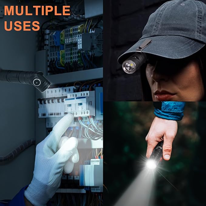 90 Degree EDC Flashlight, 1200 High Lumens Magnetic Flashlight with Clip, 6 Modes Rechargeable Led Headlamp, Pocket Tactical Flashlight for Working, Camping(Battery Included)