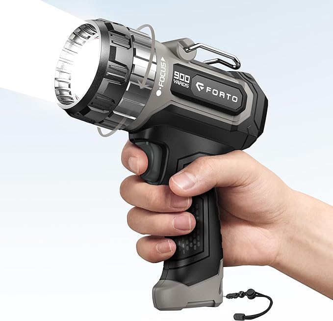 FORTO Compact Rechargeable Spotlight with Adjustable Focus, Handheld Spotlight with Stand, 823m Range, 3 Light Modes and LED Spot Lights Outdoor for Boating Hunting Camping Hiking,1400 Lumens