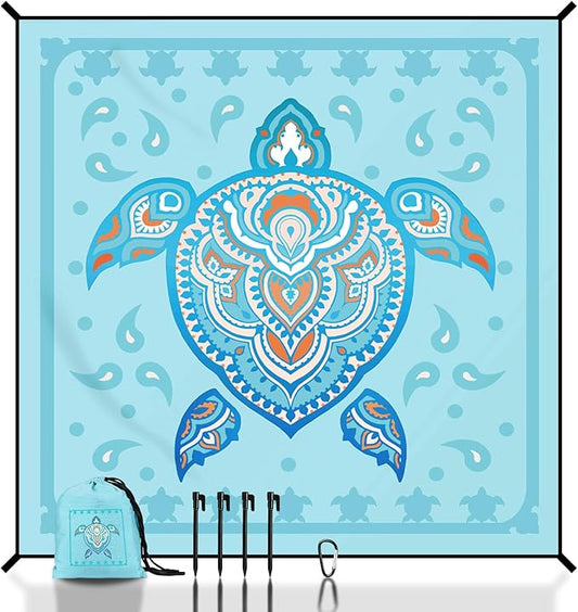 Beach Blanket Waterproof Sandproof, 79" x 83" Extra Large Sand Free Quick Drying Beach Mat, Compact Outdoor Picnic Mat for Travel, Hiking, Camping (Blue Sea Turtle)