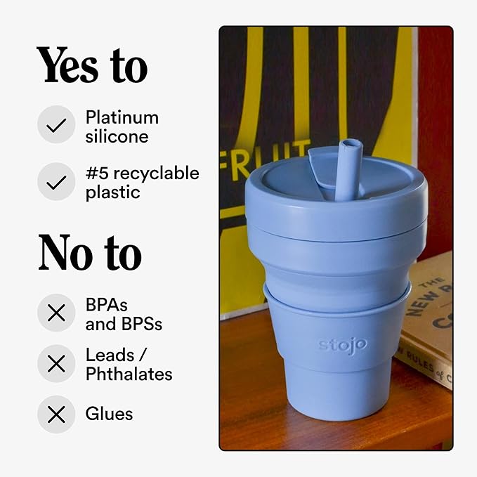 STOJO Collapsible Travel Cup With Straw - Steel Blue, 16oz / 470ml - Reusable To-Go Pocket Size Silicone Bottle for Hot and Cold Drinks - Perfect for Camping and Hiking - Microwave & Dishwasher Safe