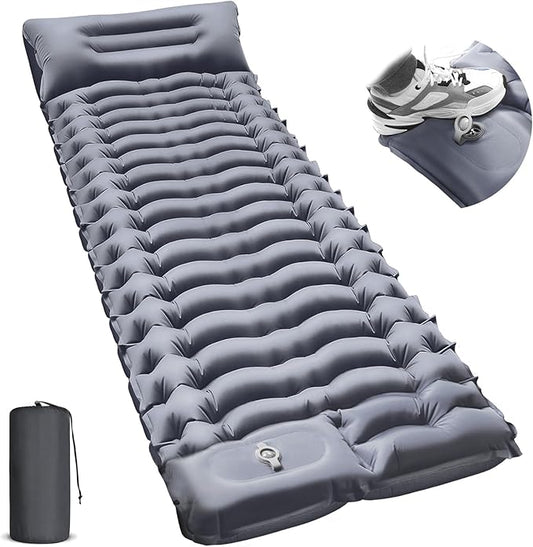 Sleeping Pad for Camping -Ultralight Inflatable Sleeping Mat with Pillow, Built-in Foot Pump, Compact & Lightweight Camping Mattress Pad for Camp, Backpacking, Hiking, Travel Tent (Grey)