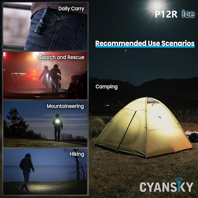 CYANSKY Rechargeable Flashlight,Super Bright,Flashlights High Lumens, Small EDC Flashlights for Emergencies,IP68 Waterproof Flash Light for Camping,Hiking,Outdoor,Home (Ice)