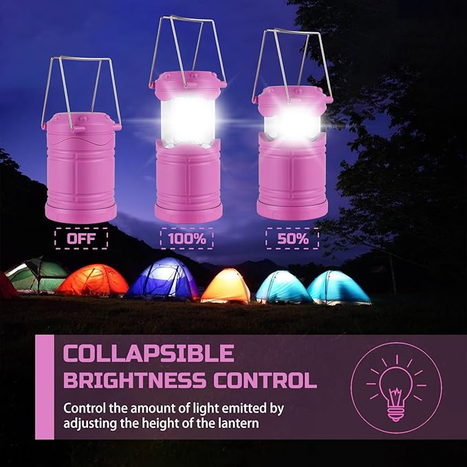 Lichamp 4 Pack Pink LED Camping Lanterns, Battery Powered Camping Lights LED Super Bright Collapsible Flashlight Portable Emergency Supplies Kit, A4PK