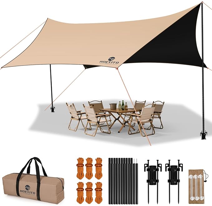 Camping Tarp with Poles & Retainer,15x12.5FT Large Waterproof 210D Oxford Cloth Camping Canopy, UV Blocking Rate 99.99% Tent Tarp Car Awning for Outdoor, Picnic, Hammock, Car, Backpacking(Khaki-Black)