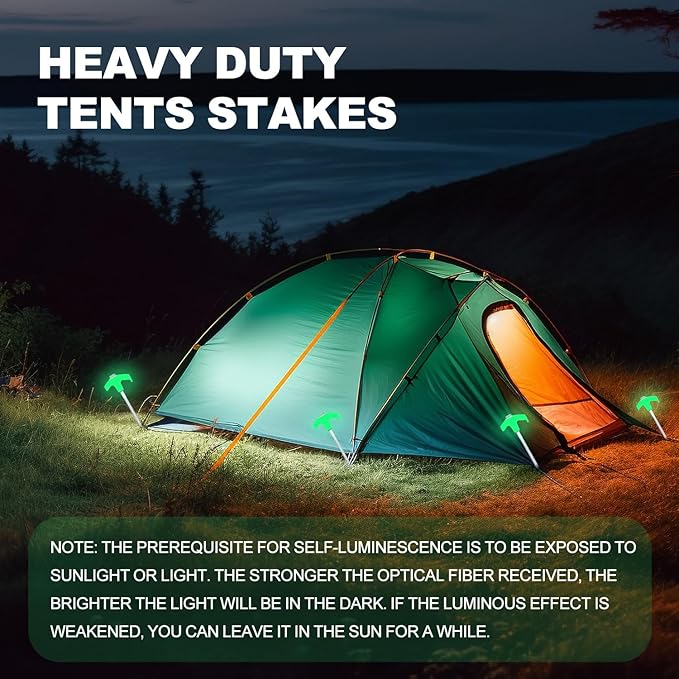 10PCS Camping Tent Stakes Heavy Duty,8 Inch Screw in Tent Stakes Heavy Duty,Nightglow Metal Tent Stakes,with Hex Head Driver,Nail Lifter,Ropes,White