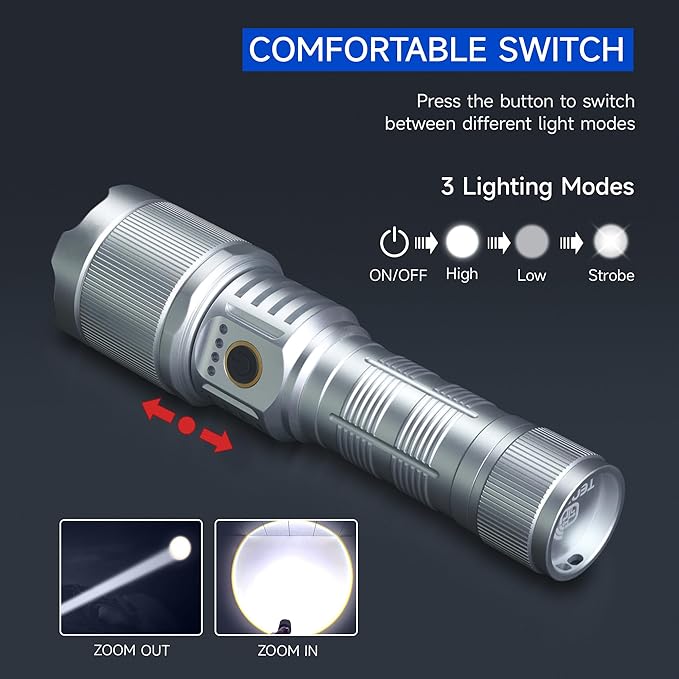 Flashlights High Lumens 900000 LED Rechargeable Tactical Flashlight Zoomable 3 Modes Fast Charging IPX6 Waterproof Super Bright Handheld Flashlights for Camping Hiking Outdoor and Gift
