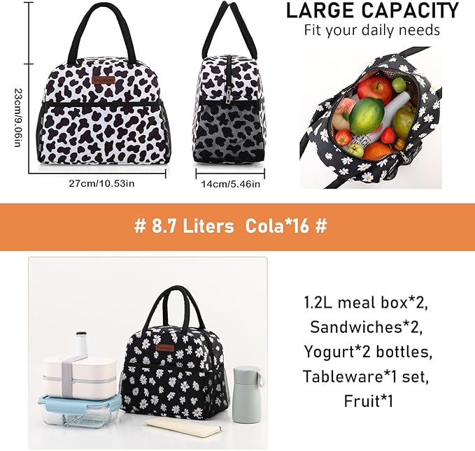 Insulated Lunch Bag for Women Men, Lunch Containers Reusable High Capacity Lunch Tote Bags for for Work Picnic (Cowprint-Mesh)