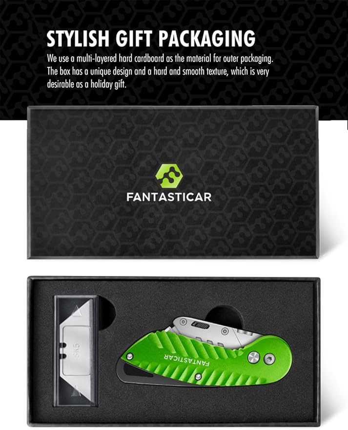 FantastiCAR Folding Utility Knife, Quick Blade Change Box Cutter, Anti-slip Metal Body, with Safety Lock and 5 Extra Blades (Spring Green)