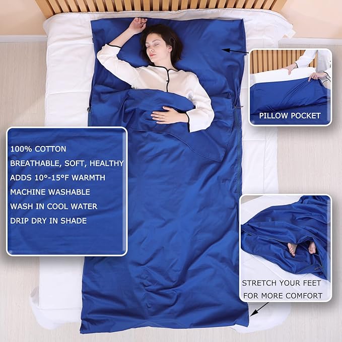 100% Cotton Sleeping Bag Liner with Full Length Zipper on 3 Sides; Single/Double Adult Sleep Sack for Travel & Camping, Multifunctional Travel Sheets (Unzipped 87”x87”) for Hotel, Lightweight