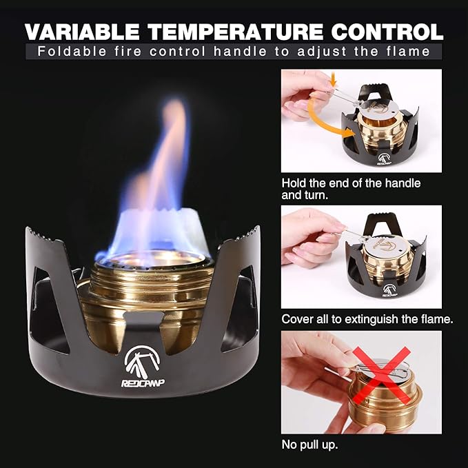 REDCAMP Mini Alcohol Stove for Backpacking, Lightweight Brass Spirit Burner with Aluminium Stand for Camping Hiking, Black