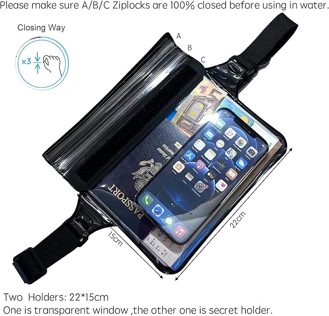 DRLOKPAK Waterproof Waist Bag Pouch Fanny Pack Bum Bag with Secret Holder Keeps Your Phone Kindle Wallet Watch & Valuables Dry - Perfect for Surf Canoe Swim Snorkel Dive Beach Pool(Black)