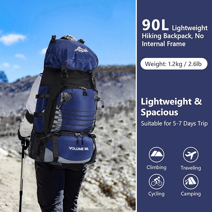 Hiking Backpack with Rain Cover, 90L Camping Backpack, Lightweight Travel Daypack for Hiking Climbing Camping Touring -No Internal Frame