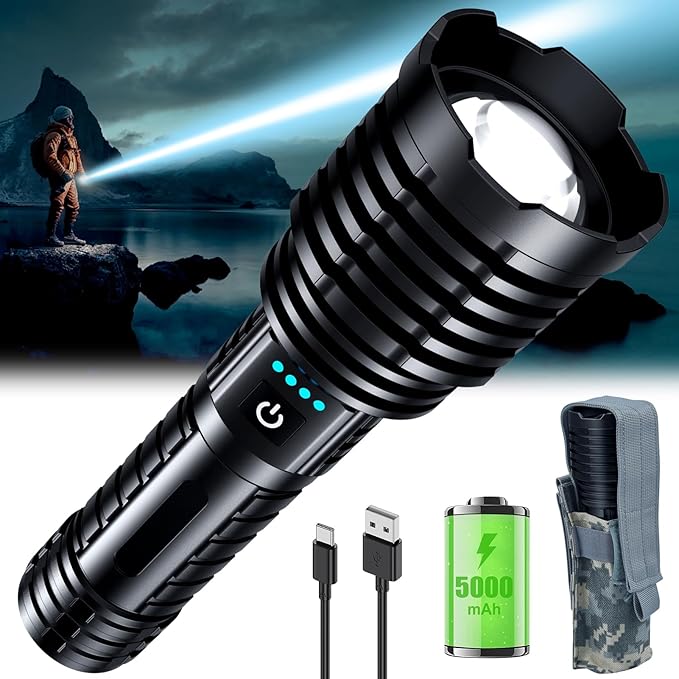 Super Bright Led Rechargeable Flashlight 2000000 High Lumens,Tactical High Powered Flashlight,Bright Flashlights With 5 Light Modes,Zoomable,IP67 Waterproof Powerful Flashlights For Camping Home (A8)
