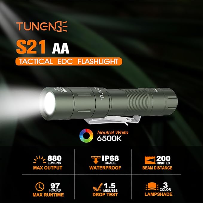 S21 AA Rechargeable Mini Flashlight, 880 High Lumen LED Flashlight, Magnetic Tail Switch EDC Pocket Flashlight, Suitable for Hiking, Camping, Outdoor and Emergency Situations(Green)