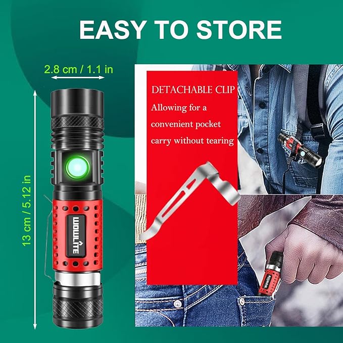 wowlite Flashlight Rechargeable, Super Bright Pocket LED Flashlights with Adjustable Brightness, Zoomable High Lumens Small Flash Light, Long Lasting for Outdoor Camping Home Emergency (Red)