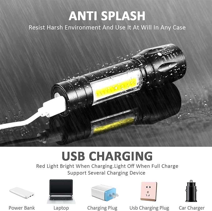 4 Pieces USB Rechargeable Flashlight 3 Modes, Bright LED Handheld Flashlight with COB Side Lights Portable Flashlights for Camping, Hiking, Emergency and Daily Use