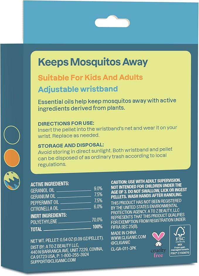 Cliganic Mosquito Repellent Pack (3 Wristbands + 6 Refill Pellets) - Adjustable, Natural DEET-Free, Essential Oil Infused