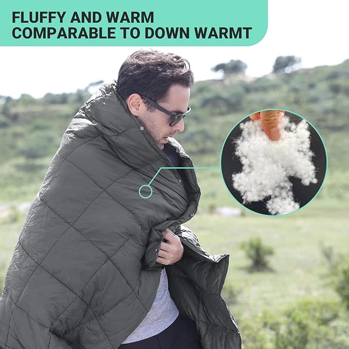 KingCamp Camping Blanket Lightweight, Multifunctional Warm Puffy Outdoor Blanket with Snap Button, Water Repellent, Backpacking Quilt for Travel, Airplane, Hiking, Picnic