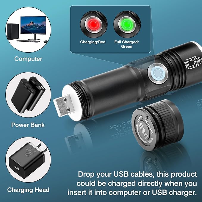 NAKCNM 2 Pack USB Rechargeable Flashlights Mini Handheld Pocket Super Bright Small Flashlight EDC Flashlights for Camping, Hiking, Emergency