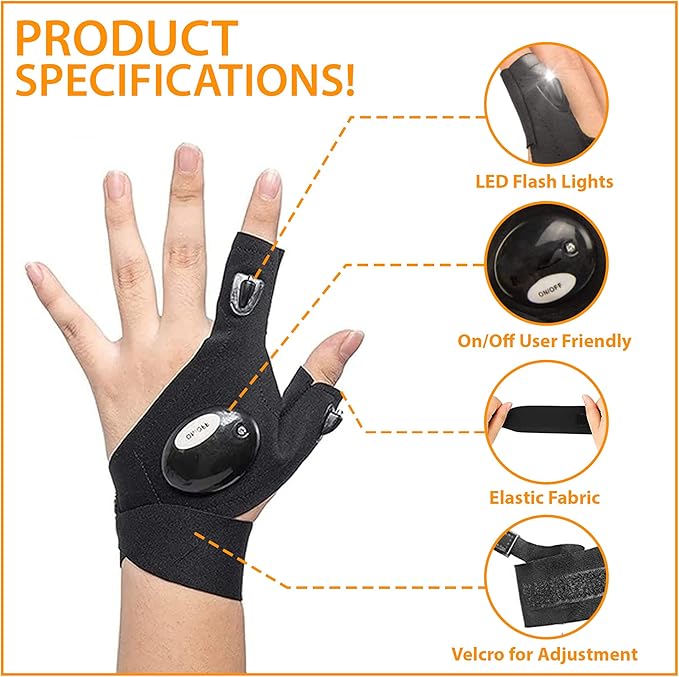 LED Flashlight Gloves for Men Women – Bright Lighted Fingerless LED Gloves for Handyman, Plumber, Mechanic Elastic Design, Waterproof, Battery Powered – Unique Gift Cool Gadgets for Men, Dad, Husband