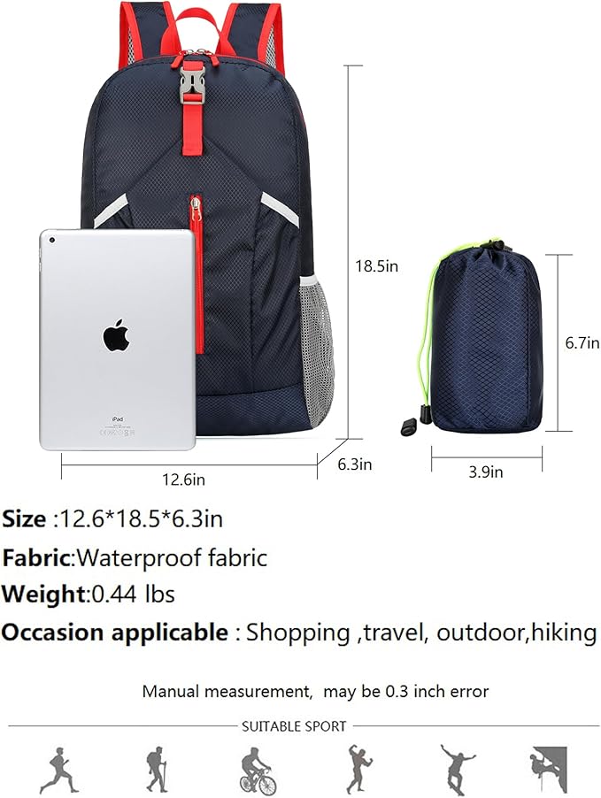 25L Hiking-Backpack Foldable-Sports Daypack-Camping Collapsible Bag Water Resistant Lightweight Travel Men Women (Dark Blue)