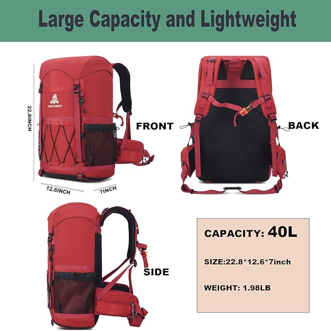 Bseash 40L Waterproof Hiking Backpack with Rain Cover, Outdoor Sport Travel Bag Daypack for Camping Climbing Skiing Cycling (Red)