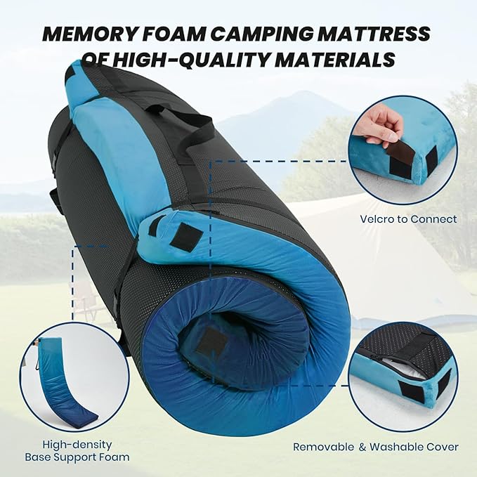 Memory Foam Camping Pad, Camping Sleeping Pad, Camping Mattress Pad with Pillow & Travel Bag, Portable Floor Mat Roll Up for Guest Adults Side Sleepers Indoor Outdoor Travel