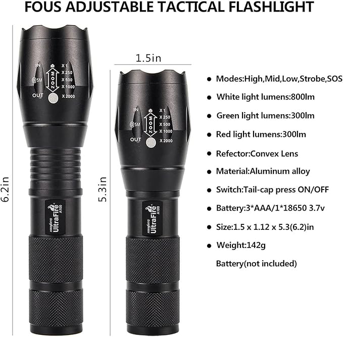 ULTRAFIRE A100 Tactical LED Flashlight Mini,800 Lumen Hunting Handheld Flashlight Focusable 3 Colors Exchange Glass Lens (Generate RED or Green Light)