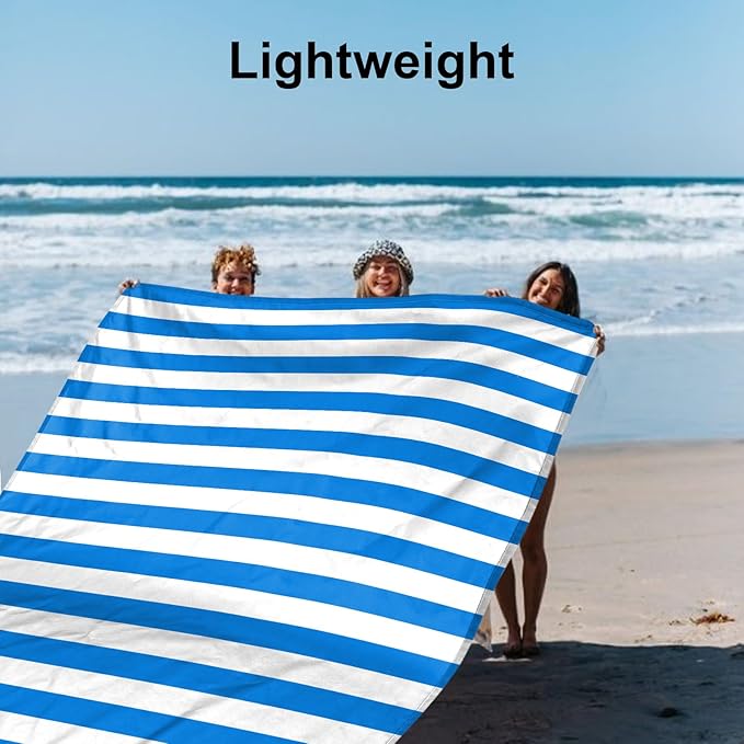 Blue Stripe Beach Blanket Sandproof Waterproof, Extra Large 78"×86" Beach Mat for 1-4 Adults w/Stake & Pocket,Compact Lightweight Sand Free Picnic Mat Beach Essential-Ultra Marine
