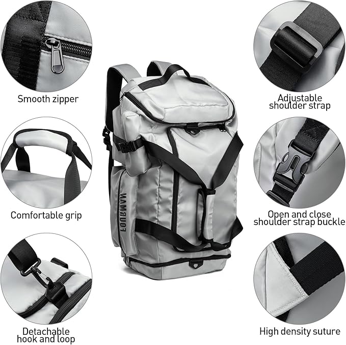 Gym Bag Training Duffel Bag Foldable Travel Duffel Bag, Lightweight Weekend Backpack With Shoe Compartment, Waterproof Duffel Backpack Sports Bag Grey