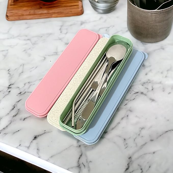 11 Pcs Reusable Utensil Set with Case - Stainless Steel EDC Cutlery Set for Travel, Camping, Picnic & Outdoor Activities – Perfect Lunch Box Accessories & Mess Kit for Kids & Adults (Beige)