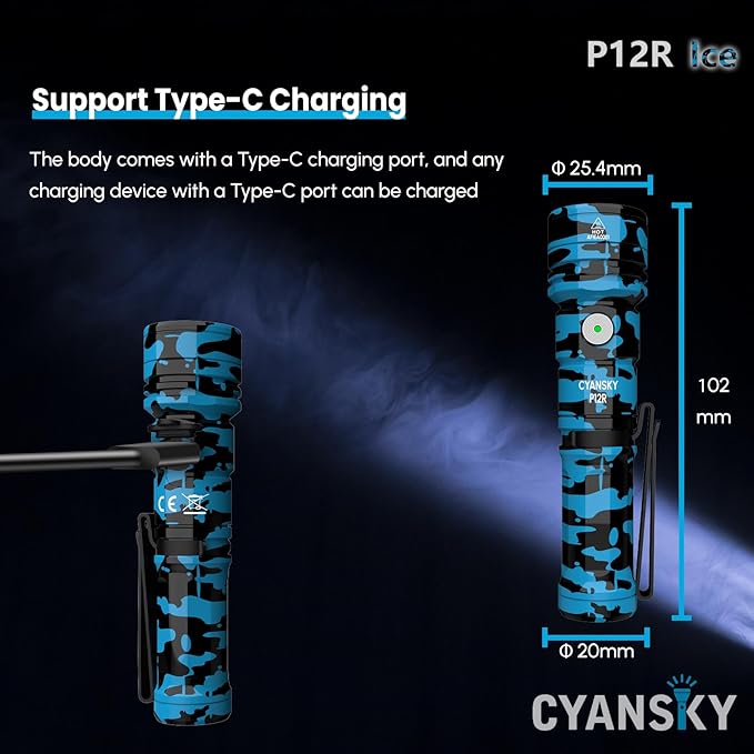CYANSKY Rechargeable Flashlight,Super Bright,Flashlights High Lumens, Small EDC Flashlights for Emergencies,IP68 Waterproof Flash Light for Camping,Hiking,Outdoor,Home (Ice)